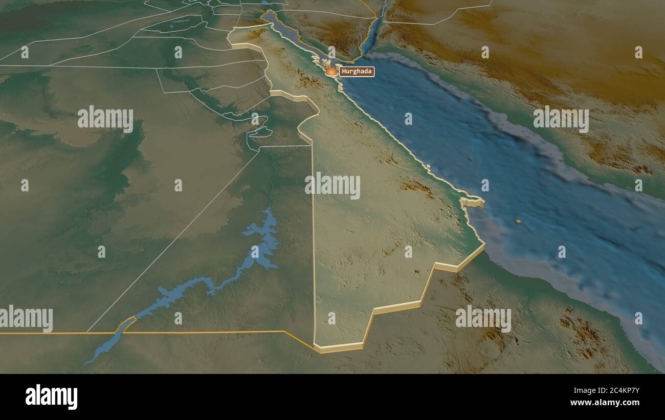 Zoom in on Al Bahr al Ahmar (governorate of Egypt) extruded. Oblique perspective. Topographic relief map with surface waters. 3D rendering Stock Photo