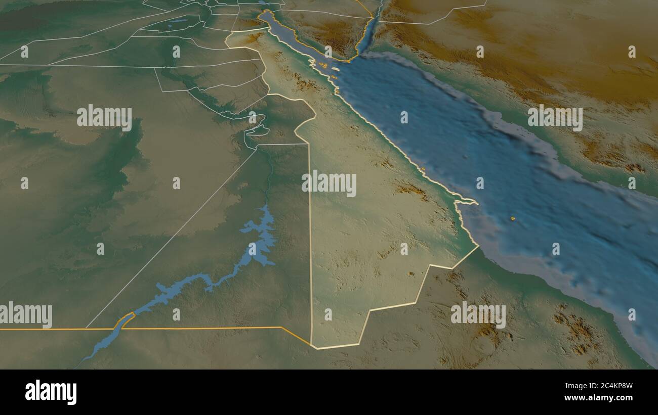 Zoom in on Al Bahr al Ahmar (governorate of Egypt) outlined. Oblique perspective. Topographic relief map with surface waters. 3D rendering Stock Photo