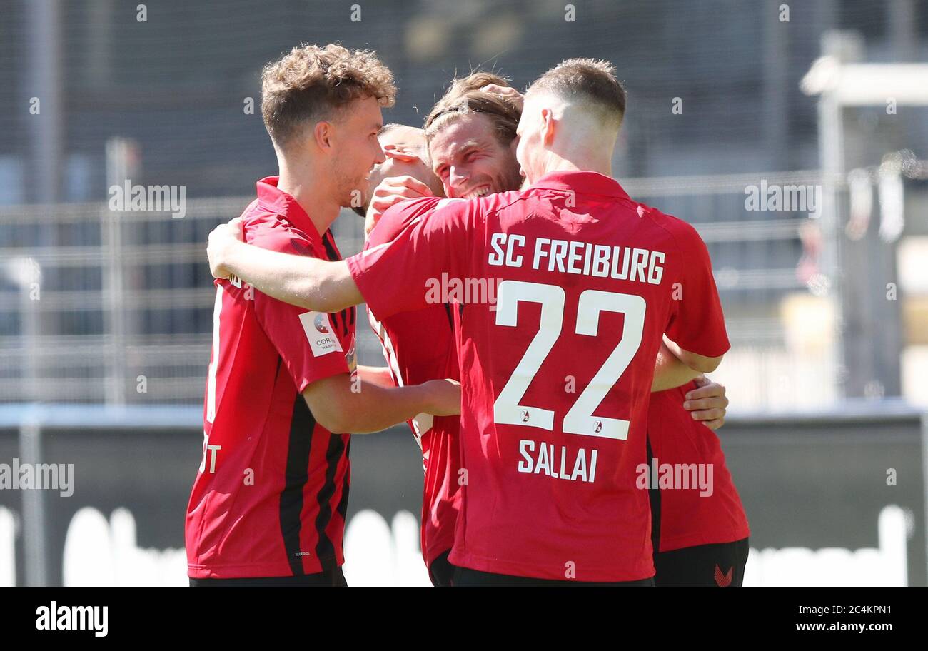 City Of Freiburg, Deutschland. 27th June, 2020. SCF Lucas Holer, Hoeler,  jubilation, goaljubel, SCF Roland Sallai, after the 3: 0, SCF Luca  Waldschmidt, Sport: Soccer: Soccer: 06/27/2020 1st Bundesliga: Season 19/20:  34th