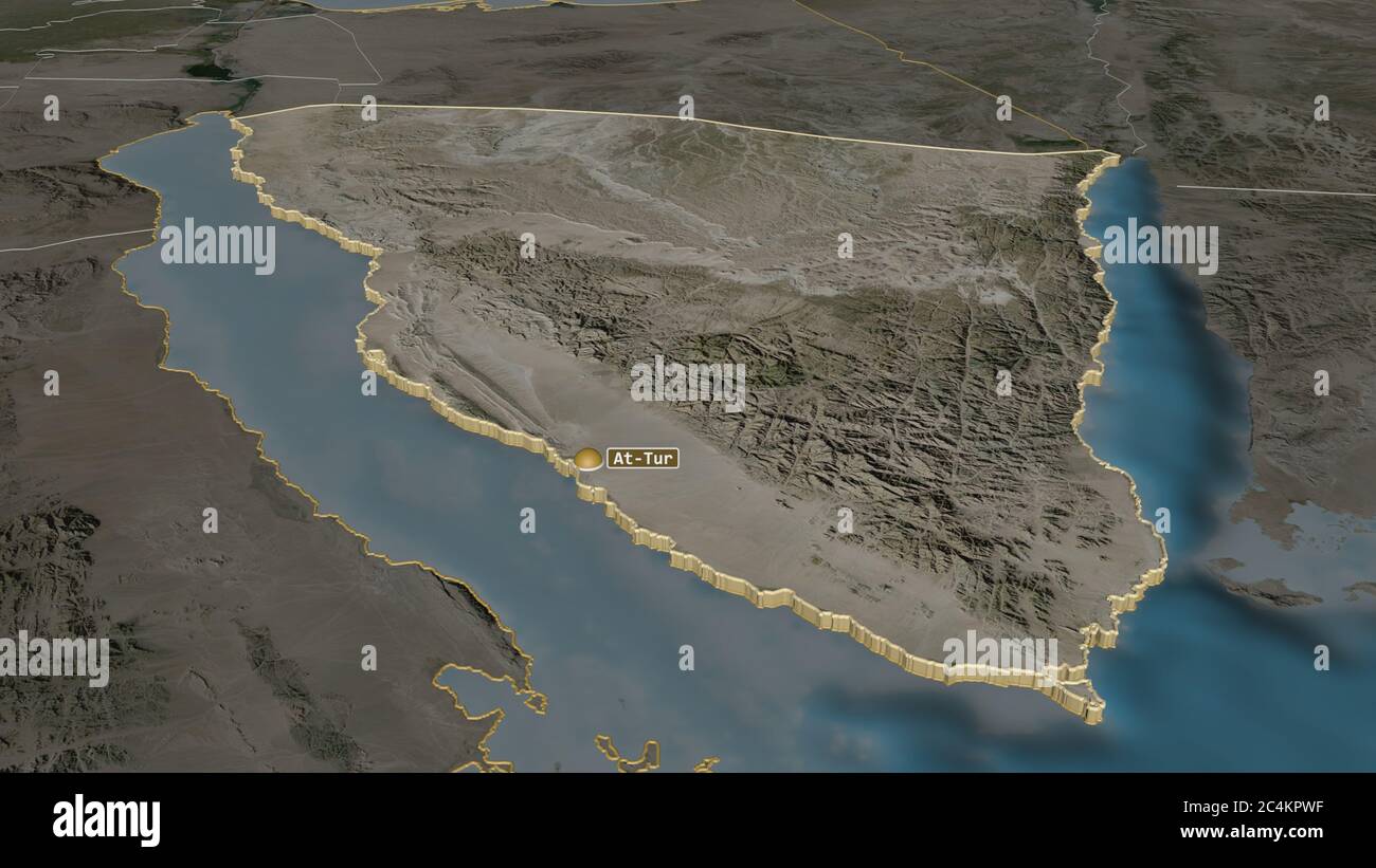 Zoom in on Janub Sina (governorate of Egypt) extruded. Oblique perspective. Satellite imagery. 3D rendering Stock Photo