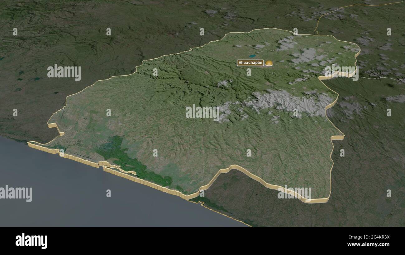 Zoom in on Ahuachapán (department of El Salvador) extruded. Oblique perspective. Satellite imagery. 3D rendering Stock Photo