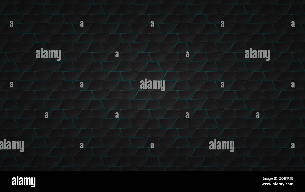 Abstract dark background of black trapezium tiles with light blue gaps