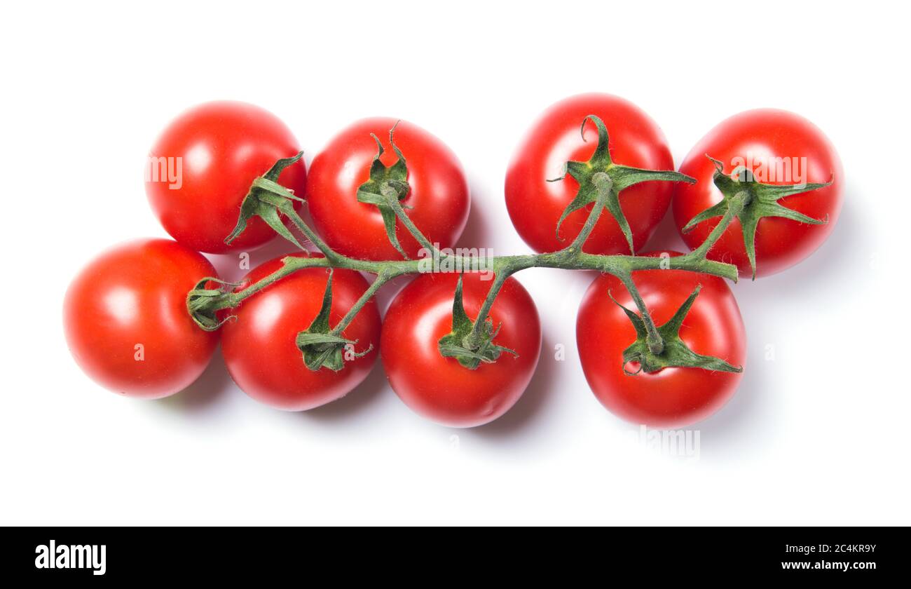 Fresh red mini cherry tomato branch with greens isolated on white background, top view Stock Photo