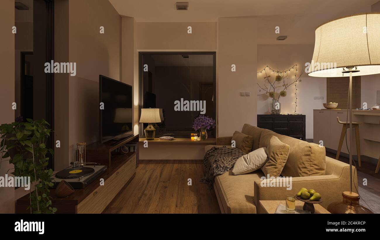Dimly Illuminated Open Plan Kitchen and Living Room at Night Stock ...