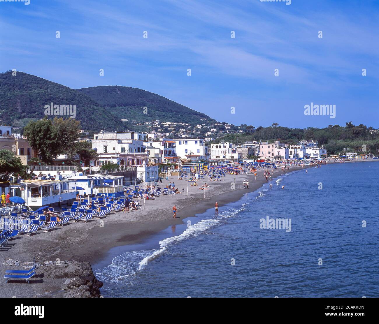Beach and resort view, Ischia Town, Ischia, Campagnia Region, Italy Stock Photo