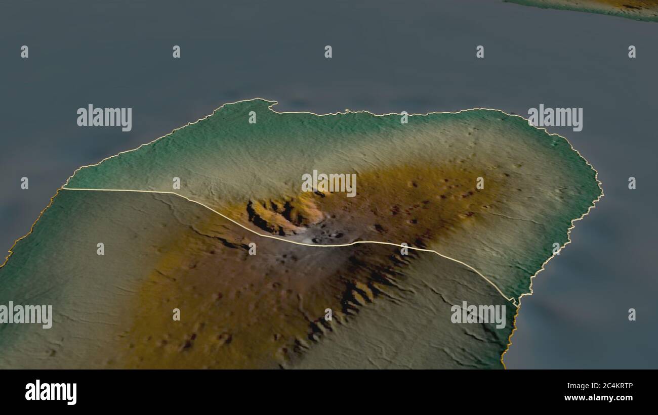 Zoom in on Bioko Norte (province of Equatorial Guinea) outlined. Oblique perspective. Topographic relief map with surface waters. 3D rendering Stock Photo