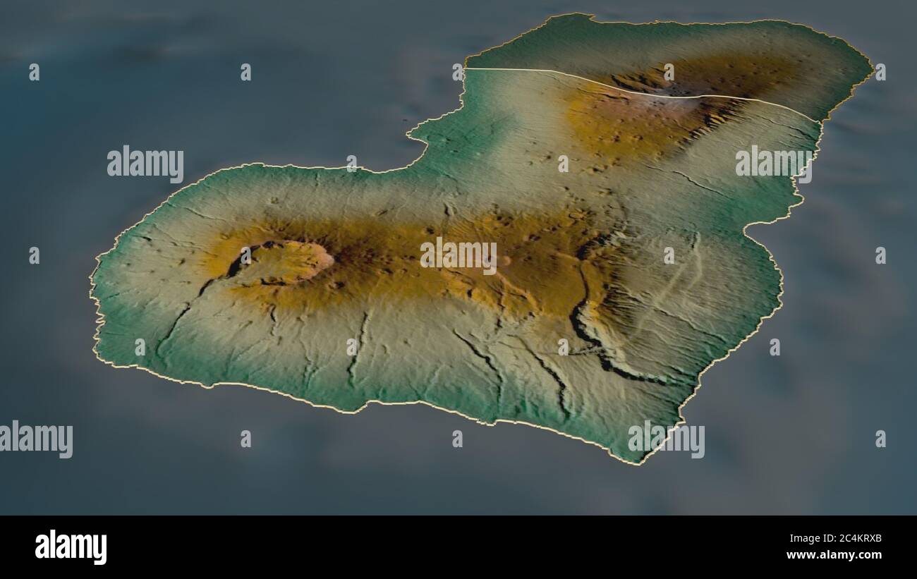Zoom in on Bioko Sur (province of Equatorial Guinea) outlined. Oblique perspective. Topographic relief map with surface waters. 3D rendering Stock Photo