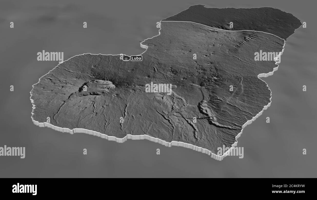 Zoom in on Bioko Sur (province of Equatorial Guinea) extruded. Oblique perspective. Bilevel elevation map with surface waters. 3D rendering Stock Photo