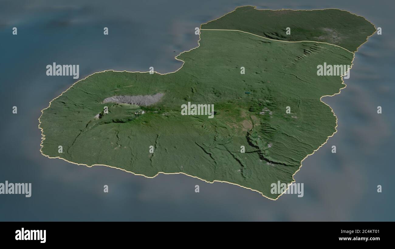 Zoom in on Bioko Sur (province of Equatorial Guinea) outlined. Oblique perspective. Satellite imagery. 3D rendering Stock Photo