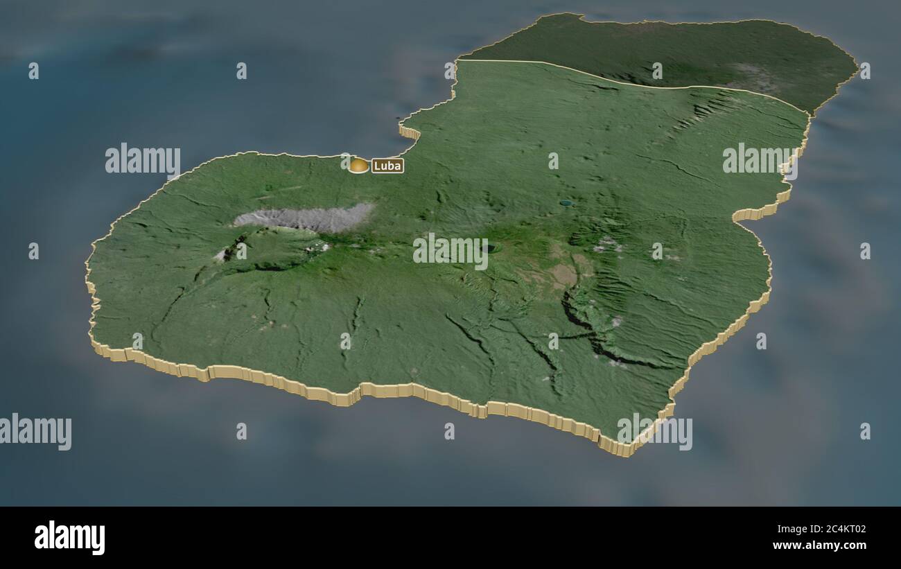 Zoom in on Bioko Sur (province of Equatorial Guinea) extruded. Oblique perspective. Satellite imagery. 3D rendering Stock Photo