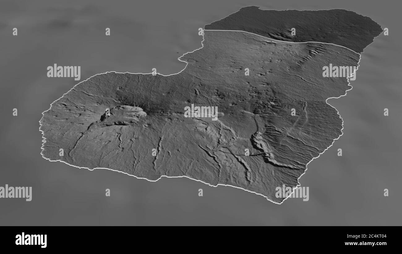 Zoom in on Bioko Sur (province of Equatorial Guinea) outlined. Oblique perspective. Bilevel elevation map with surface waters. 3D rendering Stock Photo