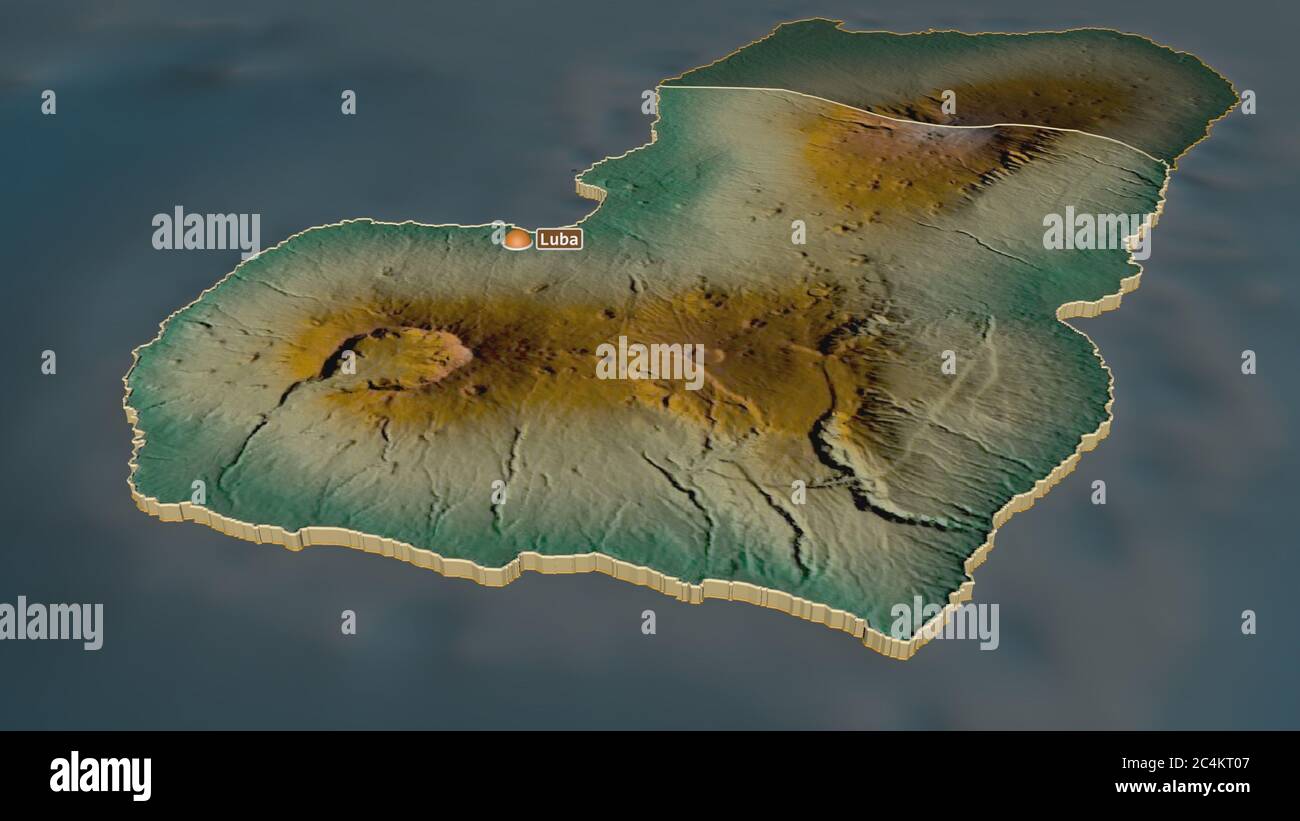 Zoom in on Bioko Sur (province of Equatorial Guinea) extruded. Oblique perspective. Topographic relief map with surface waters. 3D rendering Stock Photo