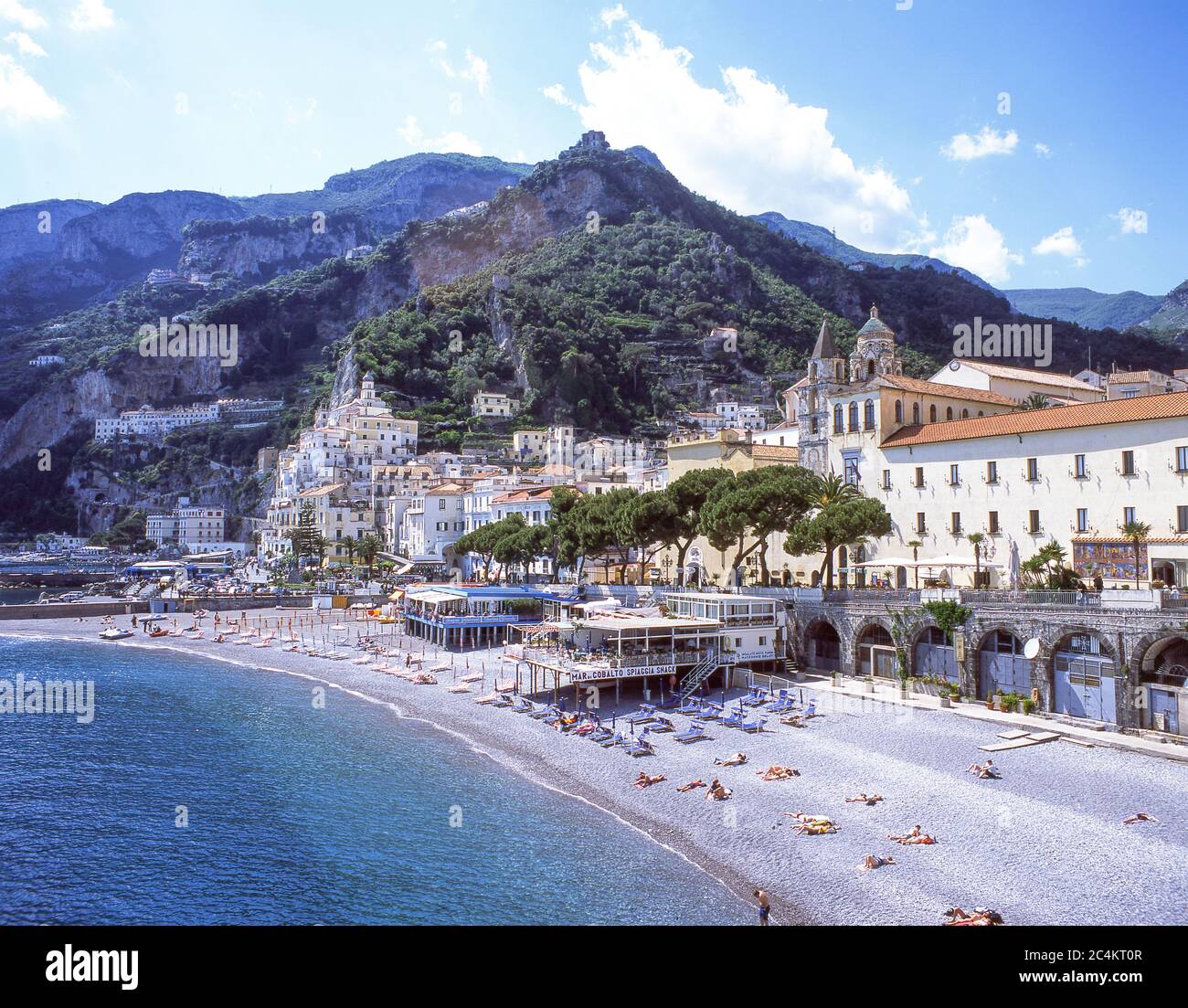 View of town and beach, Amalfi, Amalfi Coast, Province of Salerno, Campania Region, Italy Stock Photo