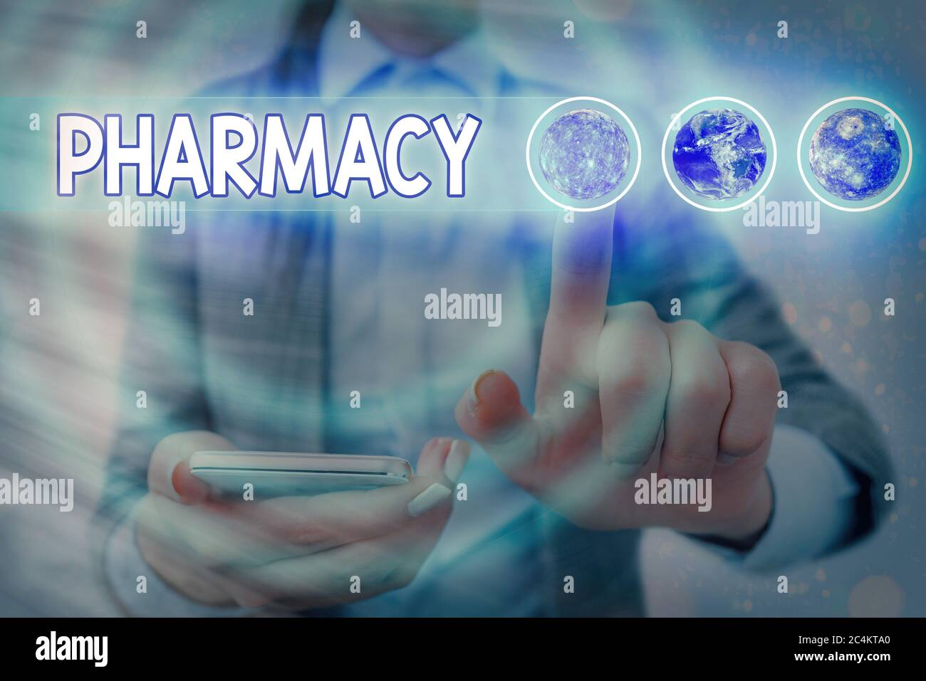 Word writing text Pharmacy. Business photo showcasing the practice of prescription drug preparation and dispensing Futuristic icons solar system. Elem Stock Photo