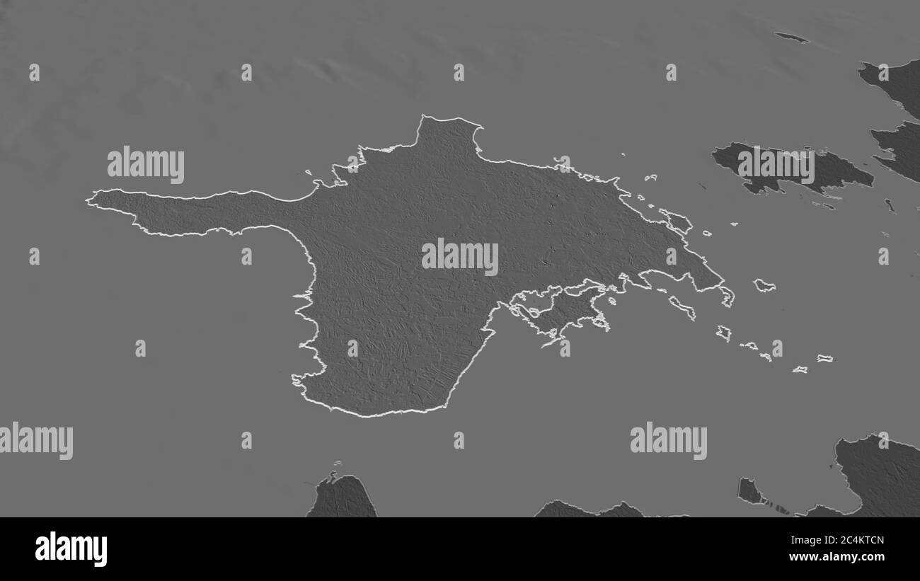 Zoom in on Hiiu (county of Estonia) outlined. Oblique perspective. Bilevel elevation map with surface waters. 3D rendering Stock Photo