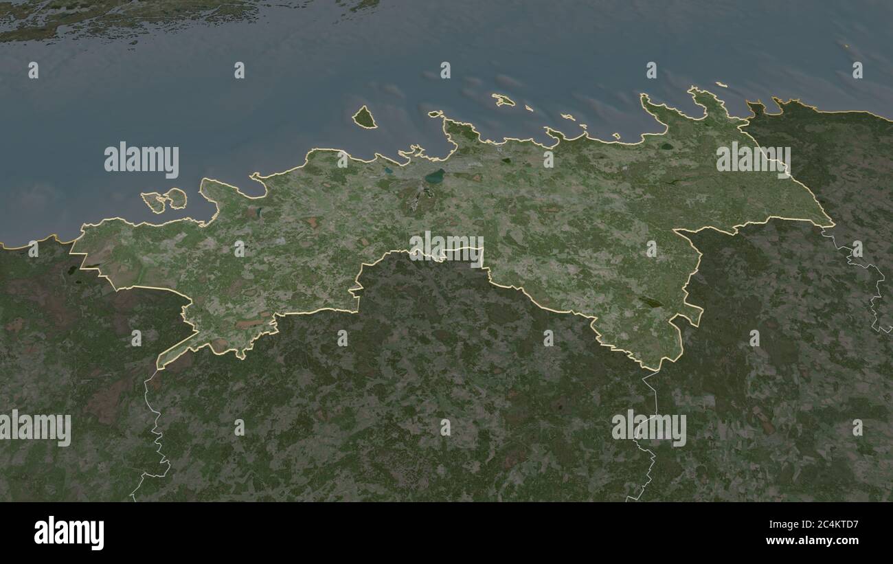 Zoom in on Harju (county of Estonia) outlined. Oblique perspective. Satellite imagery. 3D rendering Stock Photo