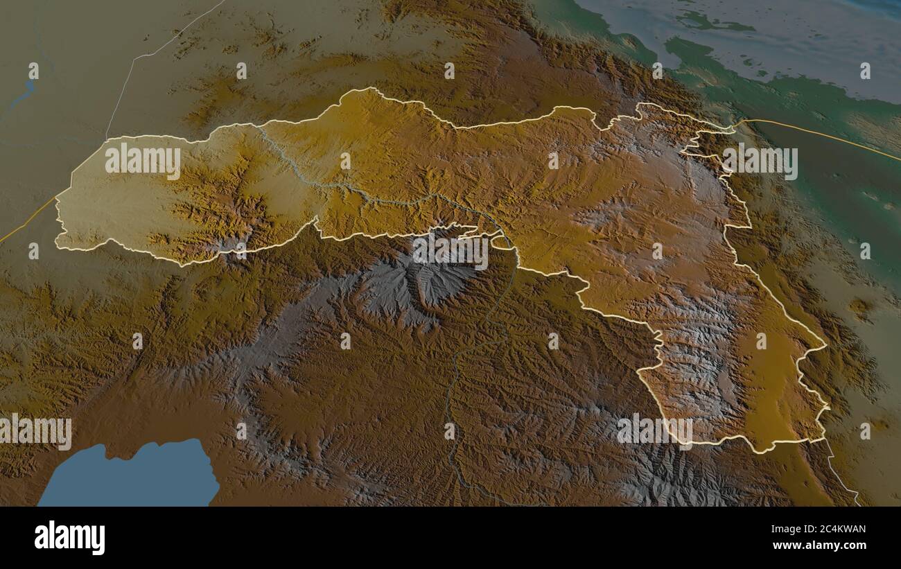 Zoom in on Tigray (state of Ethiopia) outlined. Oblique perspective 