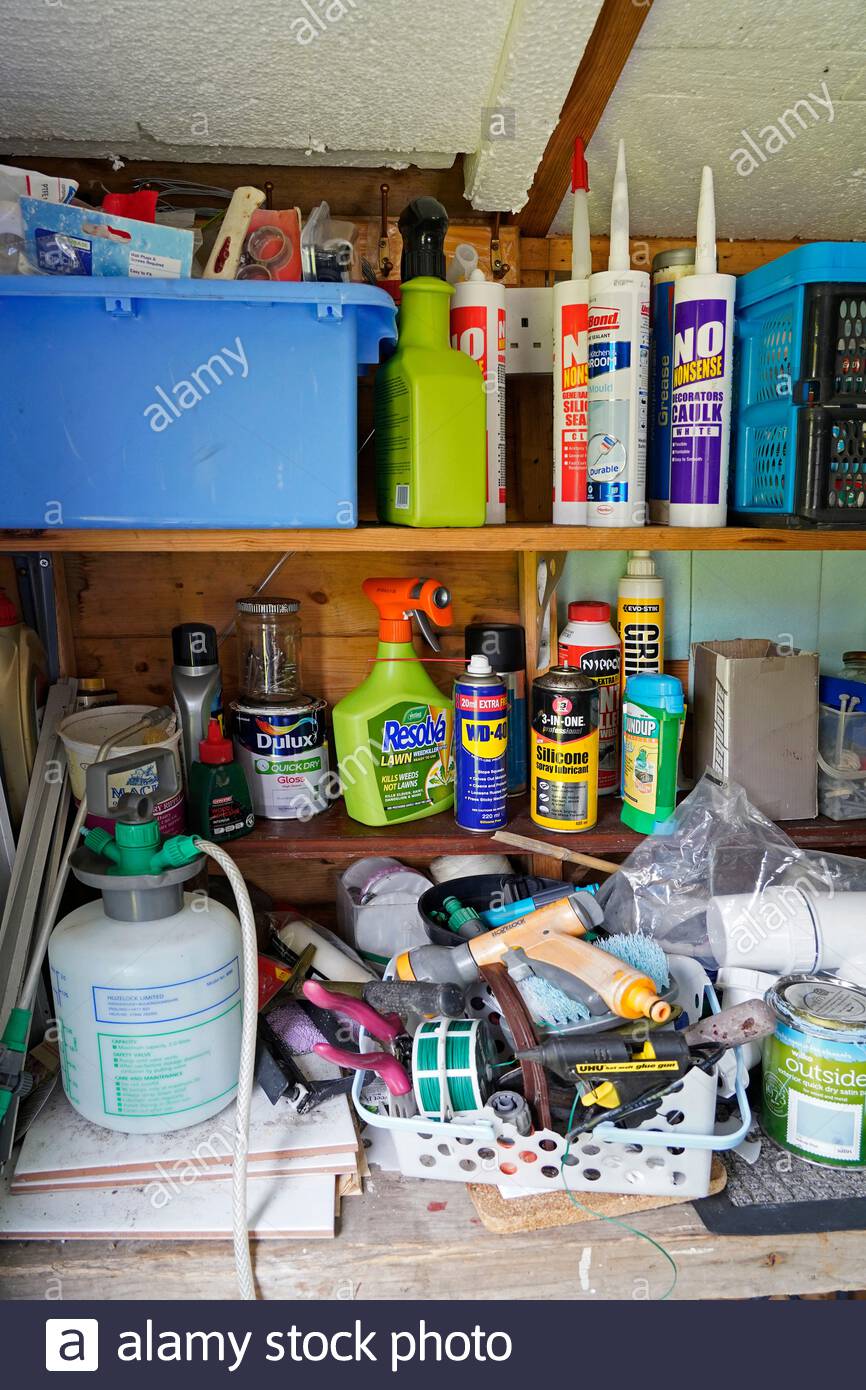 Inside a garden shed Stock Photo