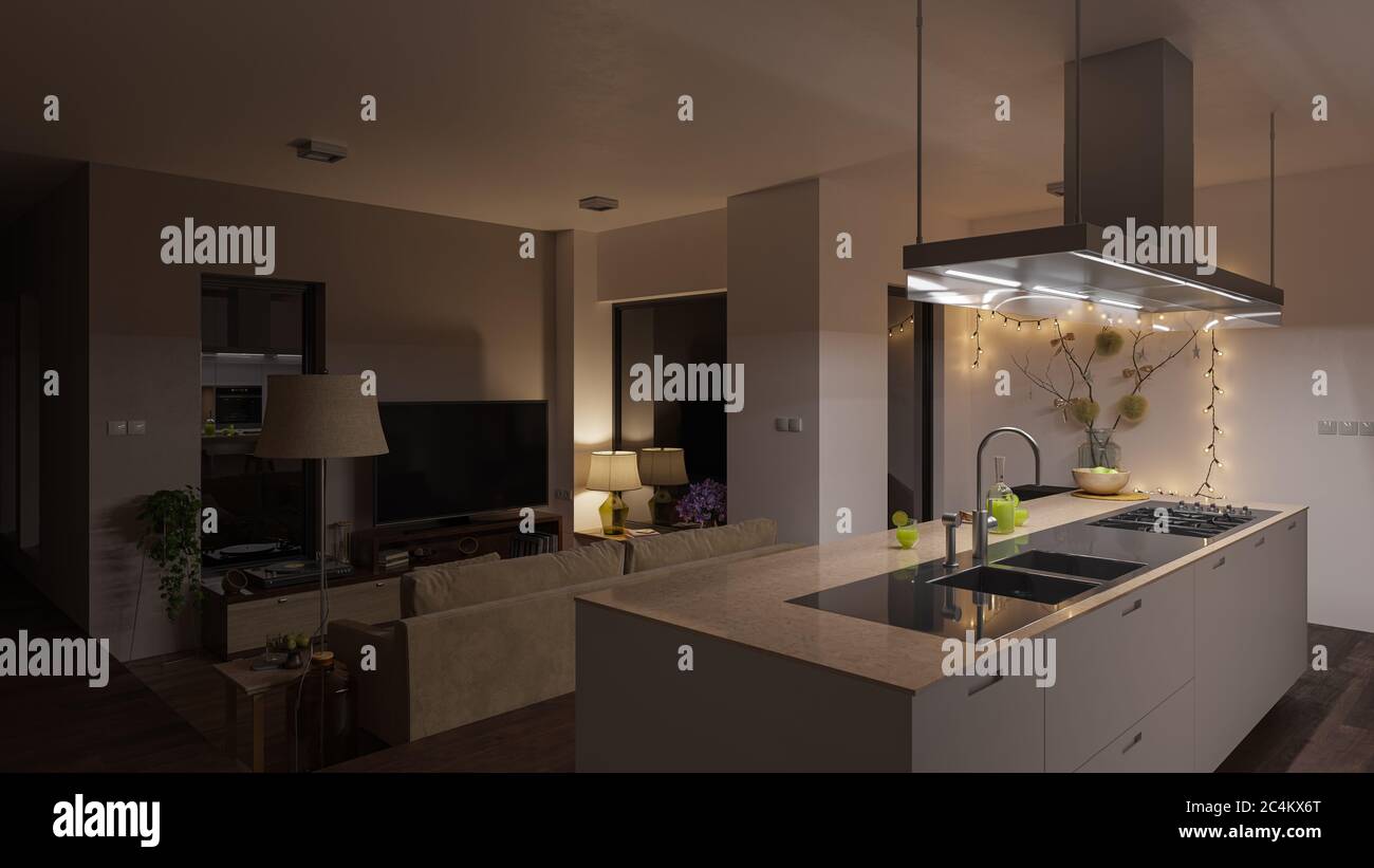 Dimly Illuminated Open Plan Kitchen and Living Room at Night Stock ...