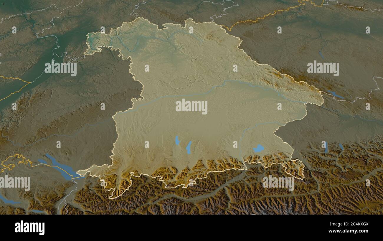 Zoom in on Bavaria (state of Germany) outlined. Oblique perspective ...