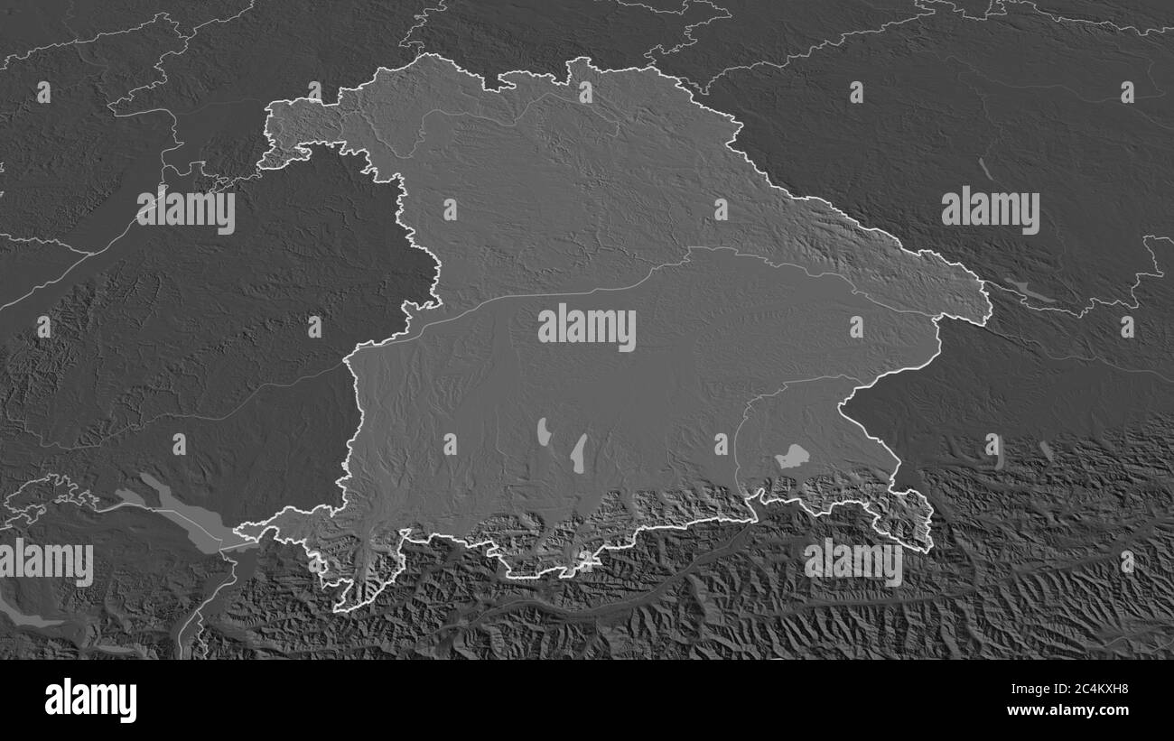 Zoom in on Bavaria (state of Germany) outlined. Oblique perspective ...