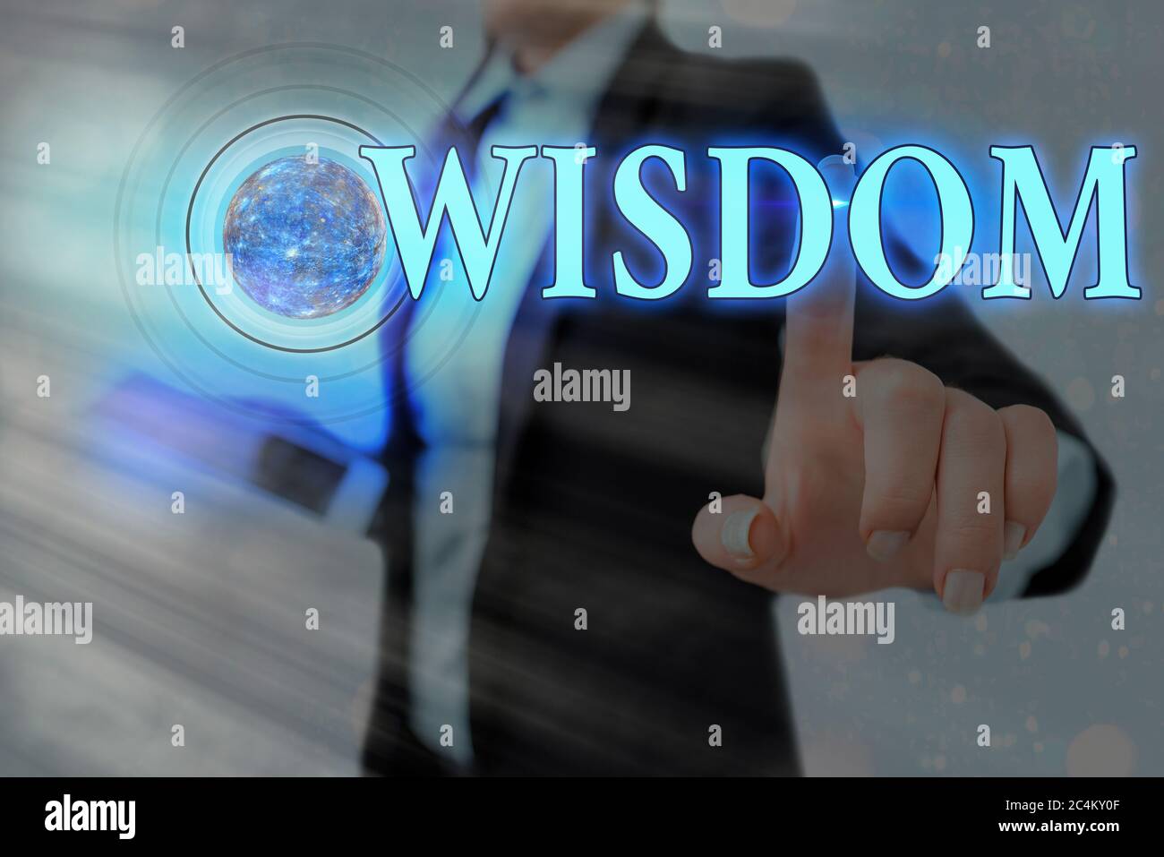 Word writing text Wisdom. Business photo showcasing body of knowledge and principles that develops within specific period Futuristic icons solar syste Stock Photo