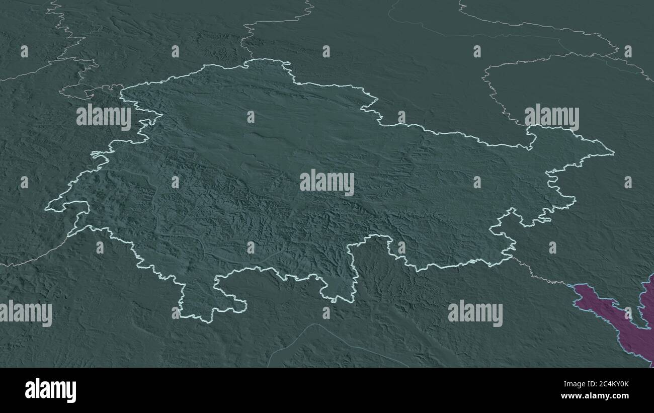 Zoom in on Thüringen (state of Germany) outlined. Oblique perspective ...