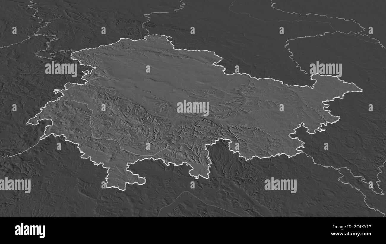 Zoom in on Thüringen (state of Germany) outlined. Oblique perspective ...