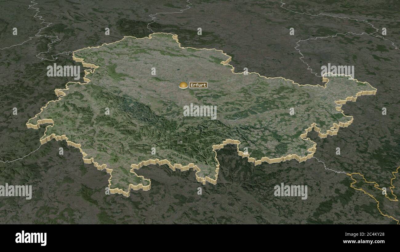 Zoom in on Thüringen (state of Germany) extruded. Oblique perspective ...