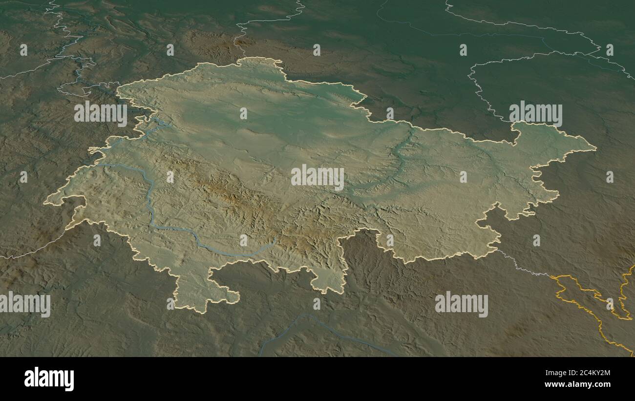 Zoom in on Thüringen (state of Germany) outlined. Oblique perspective ...