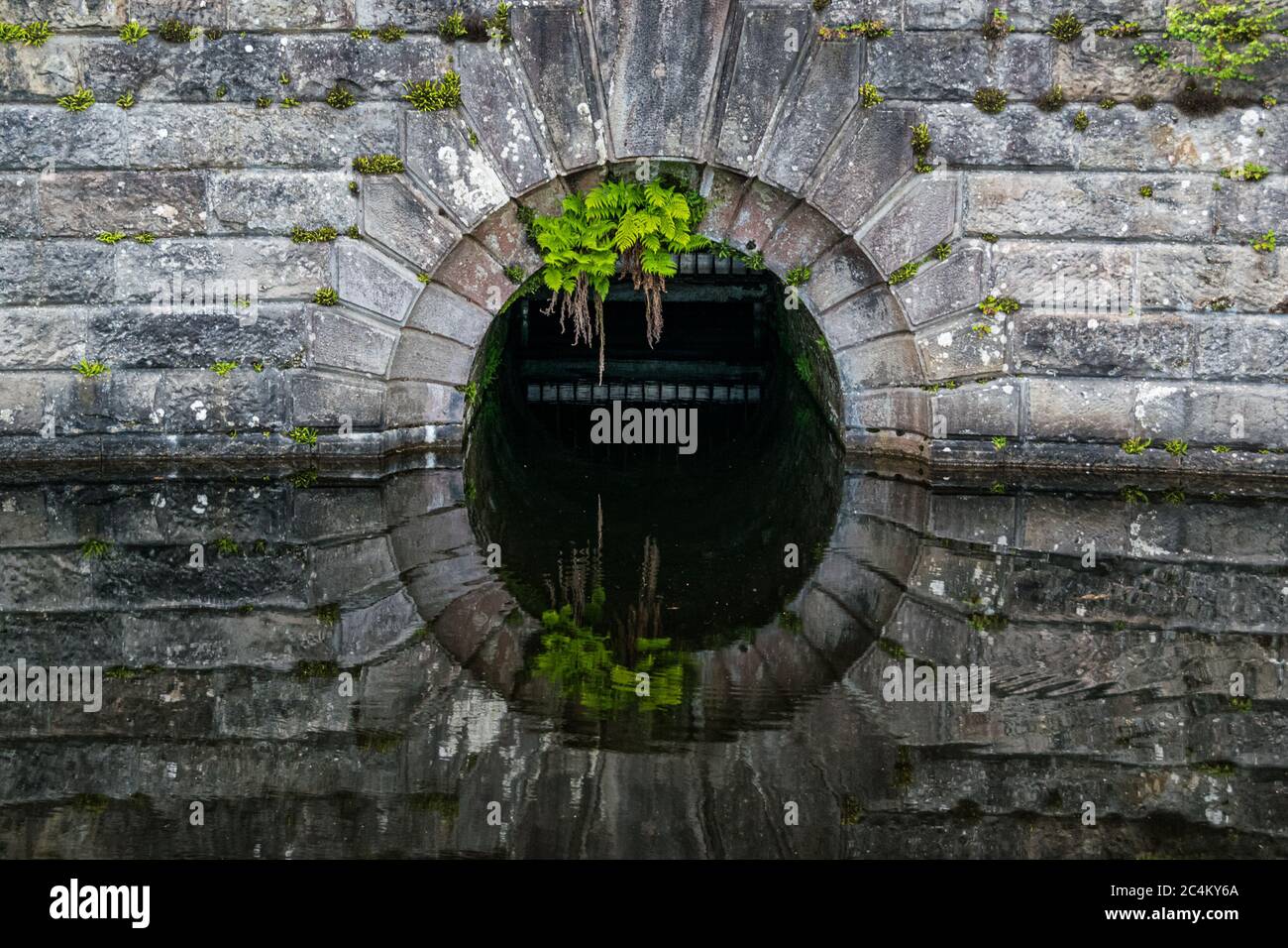 Detail of an old stone dam reflecting in water at Milngavie Waterworks, the water treatment facility located in Milngavie, Scotland. Stock Photo