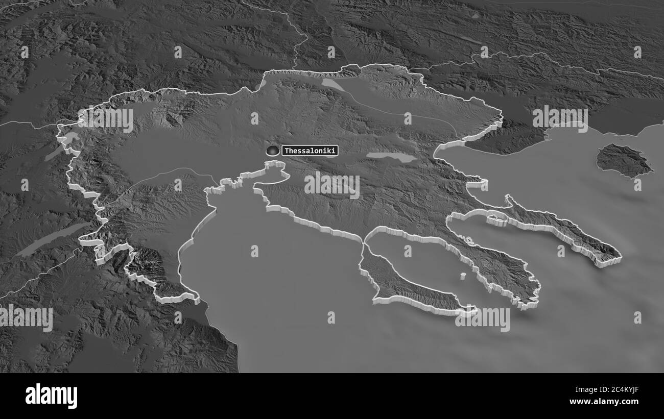 Zoom in on Central Macedonia (decentralized administration of Greece) extruded. Oblique perspective. Bilevel elevation map with surface waters. 3D ren Stock Photo