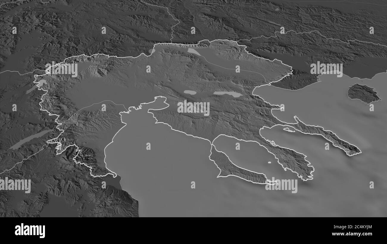 Zoom in on Central Macedonia (decentralized administration of Greece) outlined. Oblique perspective. Bilevel elevation map with surface waters. 3D ren Stock Photo