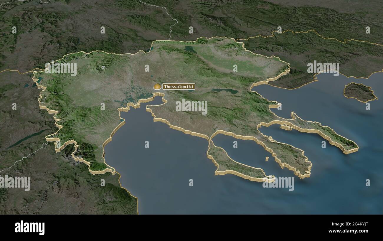Zoom in on Central Macedonia (decentralized administration of Greece) extruded. Oblique perspective. Satellite imagery. 3D rendering Stock Photo