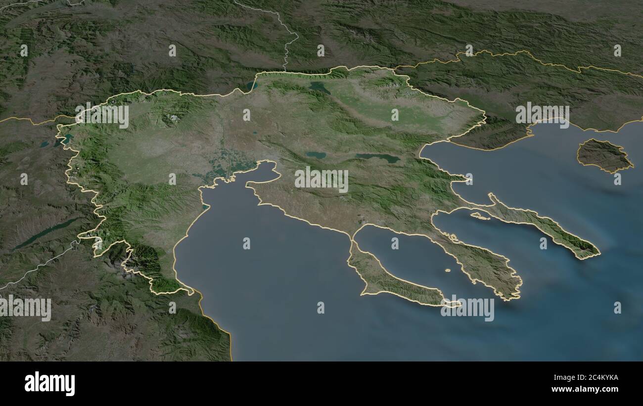 Zoom in on Central Macedonia (decentralized administration of Greece) outlined. Oblique perspective. Satellite imagery. 3D rendering Stock Photo