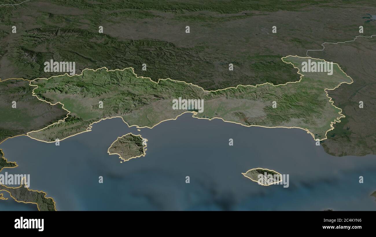 Zoom in on Eastern Macedonia and Thrace (decentralized administration of Greece) outlined. Oblique perspective. Satellite imagery. 3D rendering Stock Photo