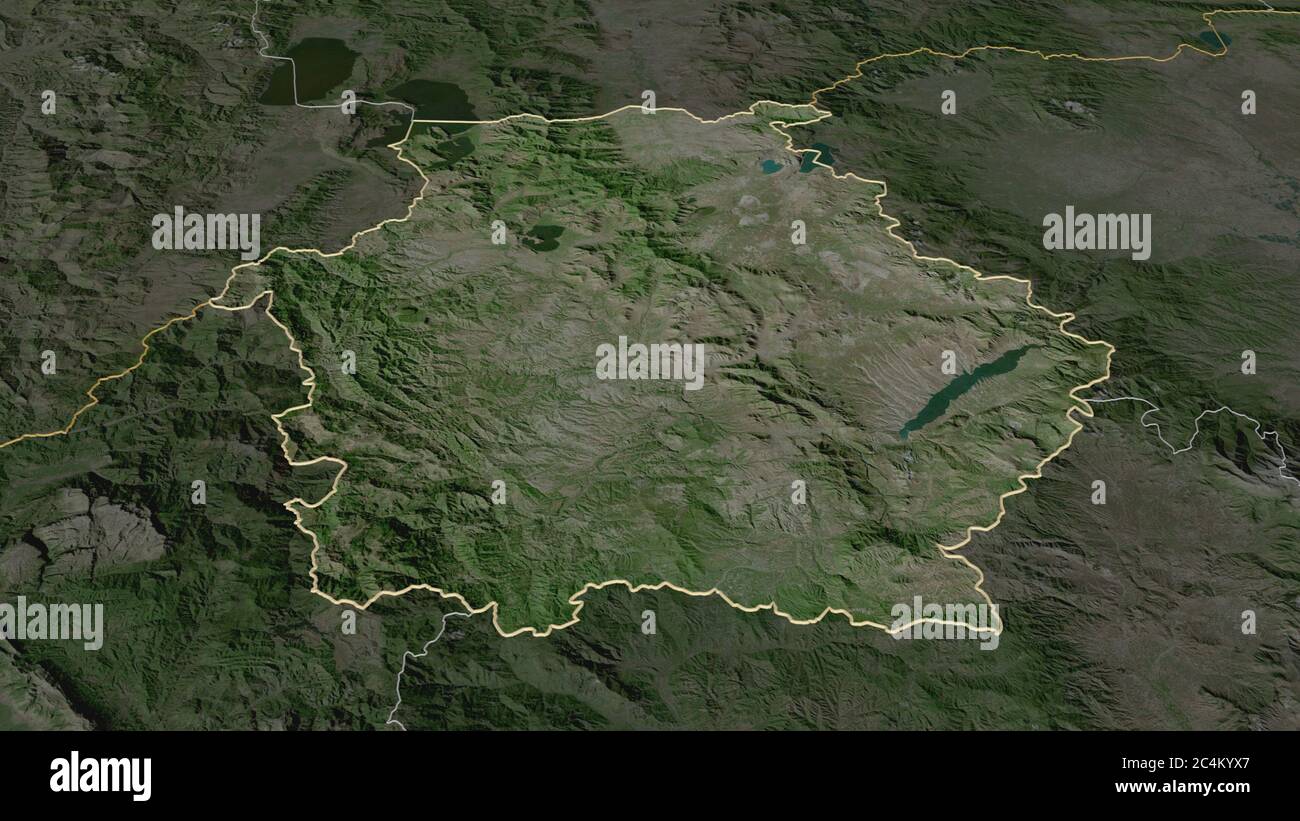 Zoom in on Western Macedonia (decentralized administration of Greece) outlined. Oblique perspective. Satellite imagery. 3D rendering Stock Photo