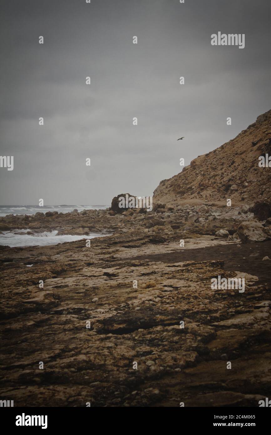 Vertical shot of the rocky coast of the sea on a gloomy day Stock Photo ...