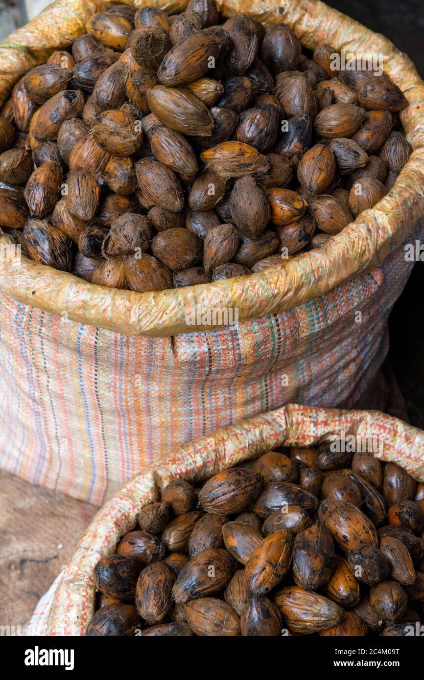 Bhutan, Thimphu. Local Farmer's Market. Betel nut (from Areca plant) commonly chewed or ingested, with a narcotic effect, in mainly Asian countries. Stock Photo