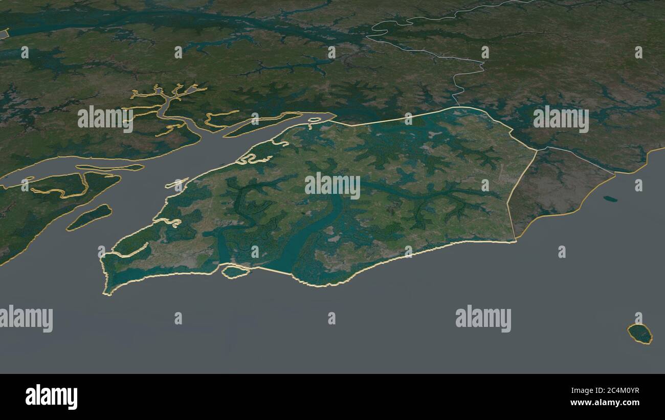 Zoom in on Biombo (region of Guinea-Bissau) outlined. Oblique ...