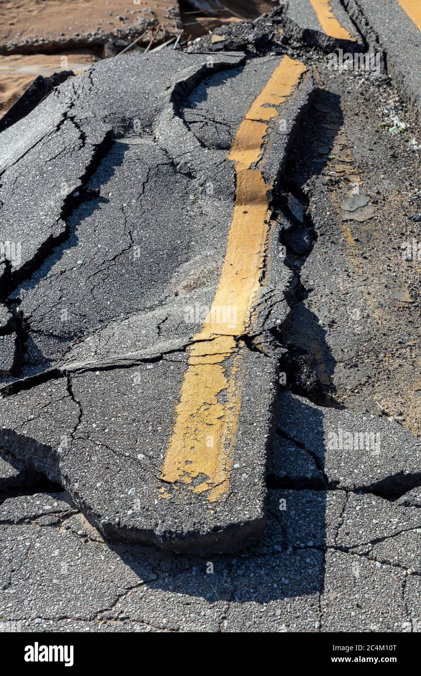 Flood damaged road near Sanford, MI, USA, June 11, 2020, Original dam breech and flooding occurred May 20, 2020, by James D Coppinger/Dembinsky Photo Stock Photo