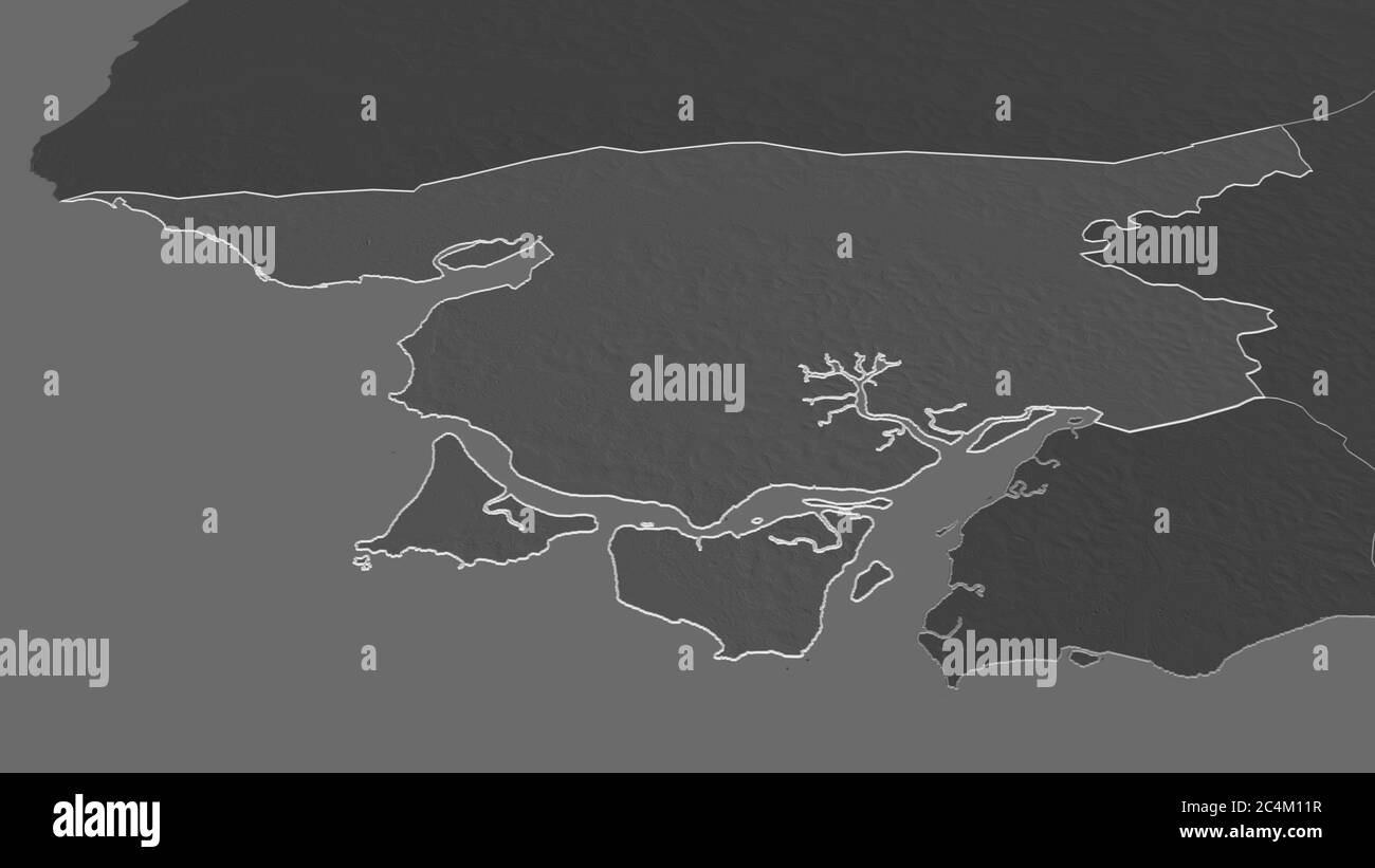 Zoom in on Cacheu (region of Guinea-Bissau) outlined. Oblique ...