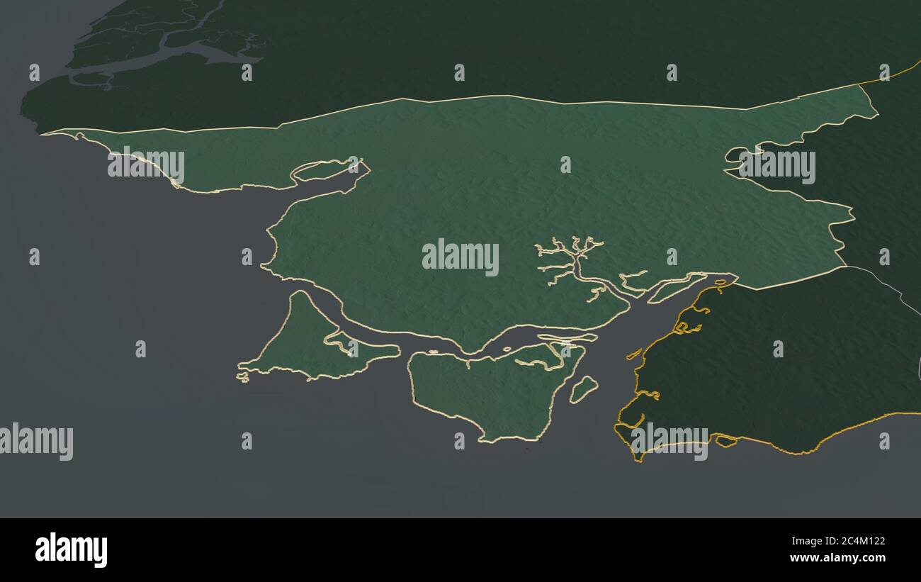 Zoom in on Cacheu (region of Guinea-Bissau) outlined. Oblique ...
