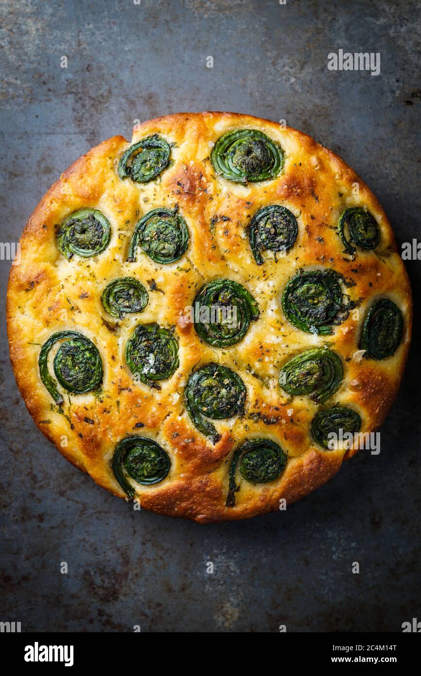 Focaccia with Fiddlehead Ferns Stock Photo