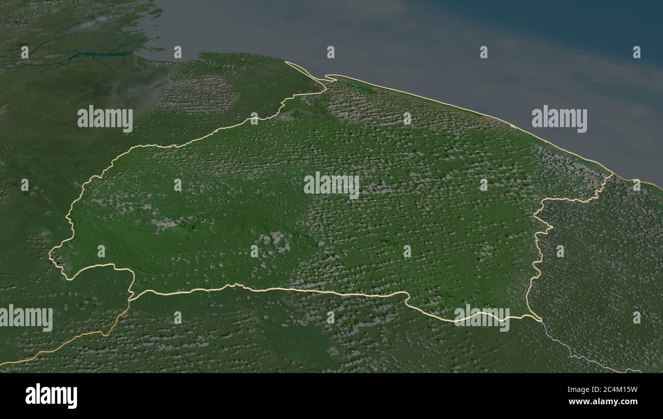 Zoom in on Barima-Waini (region of Guyana) outlined. Oblique perspective. Satellite imagery. 3D rendering Stock Photo