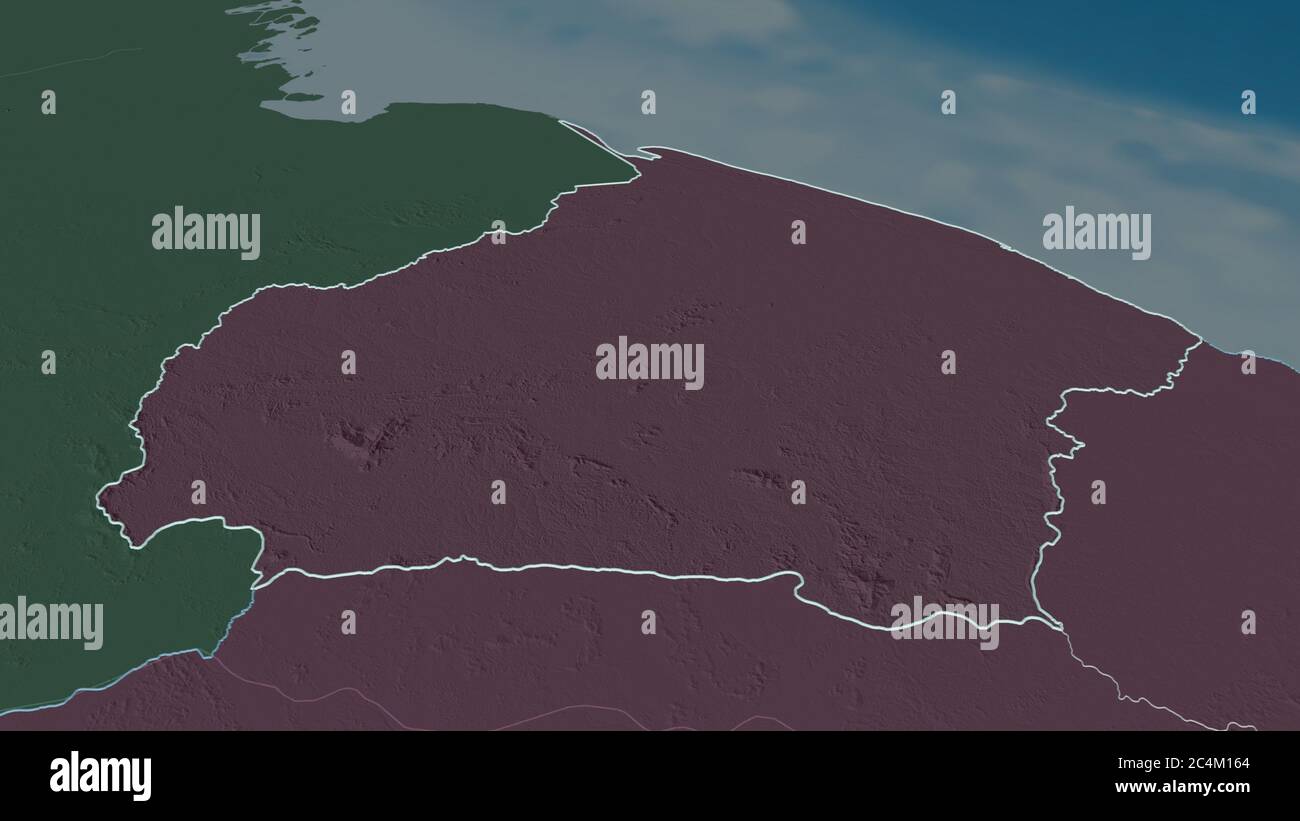 Zoom in on Barima-Waini (region of Guyana) outlined. Oblique perspective. Colored and bumped map of the administrative division with surface waters. 3 Stock Photo