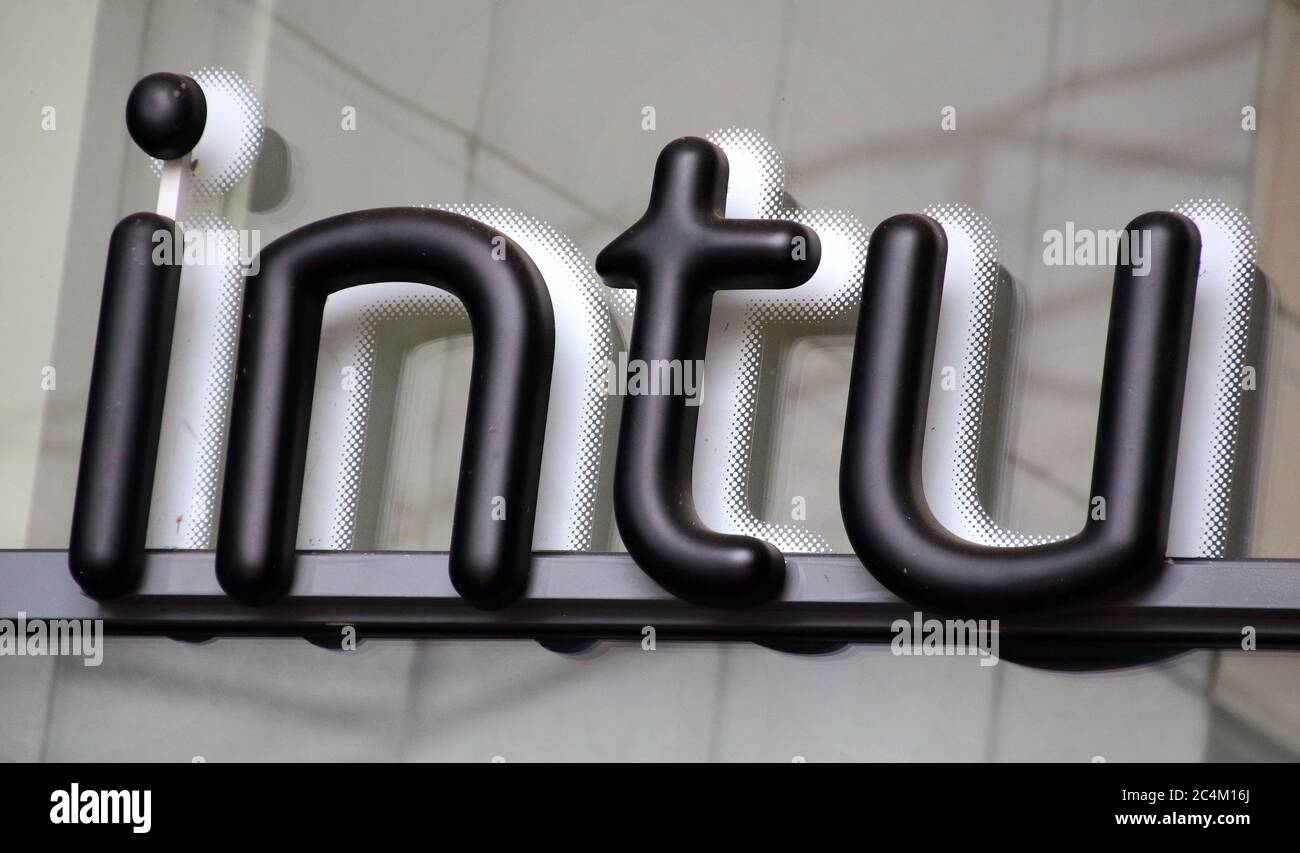 Milton Keynes, UK. 27th June, 2020. Intu brand logo at one of it's shopping centres.Intu, Britain's largest shopping centre owner with 17 sites in the UK, has called in administrators.The debt-laden firm, whose giant shopping malls include MetroCentre and the Trafford Centre in northern England and Lakeside in the south east, employs around 2,500 staff directly and another 100,000 people work at shops and restaurants inside its centres. Credit: Keith Mayhew/SOPA Images/ZUMA Wire/Alamy Live News Stock Photo