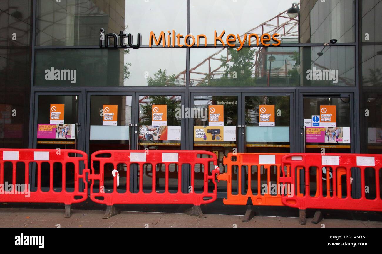 Milton Keynes, UK. 27th June, 2020. Barricades and closed entrance at