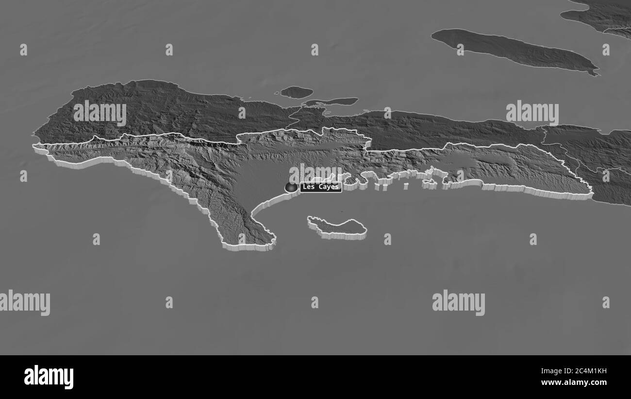 Zoom in on Sud (department of Haiti) extruded. Oblique perspective