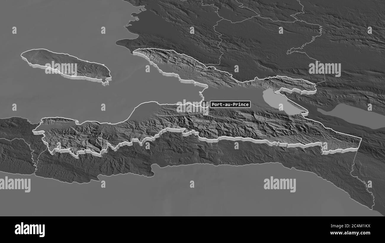 Zoom in on Ouest (department of Haiti) extruded. Oblique perspective